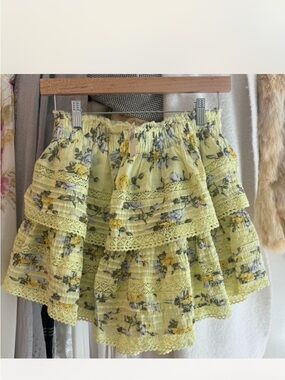 LoveShackFancy Yellow Floral Tiered Mini Skirt with Lace Trim